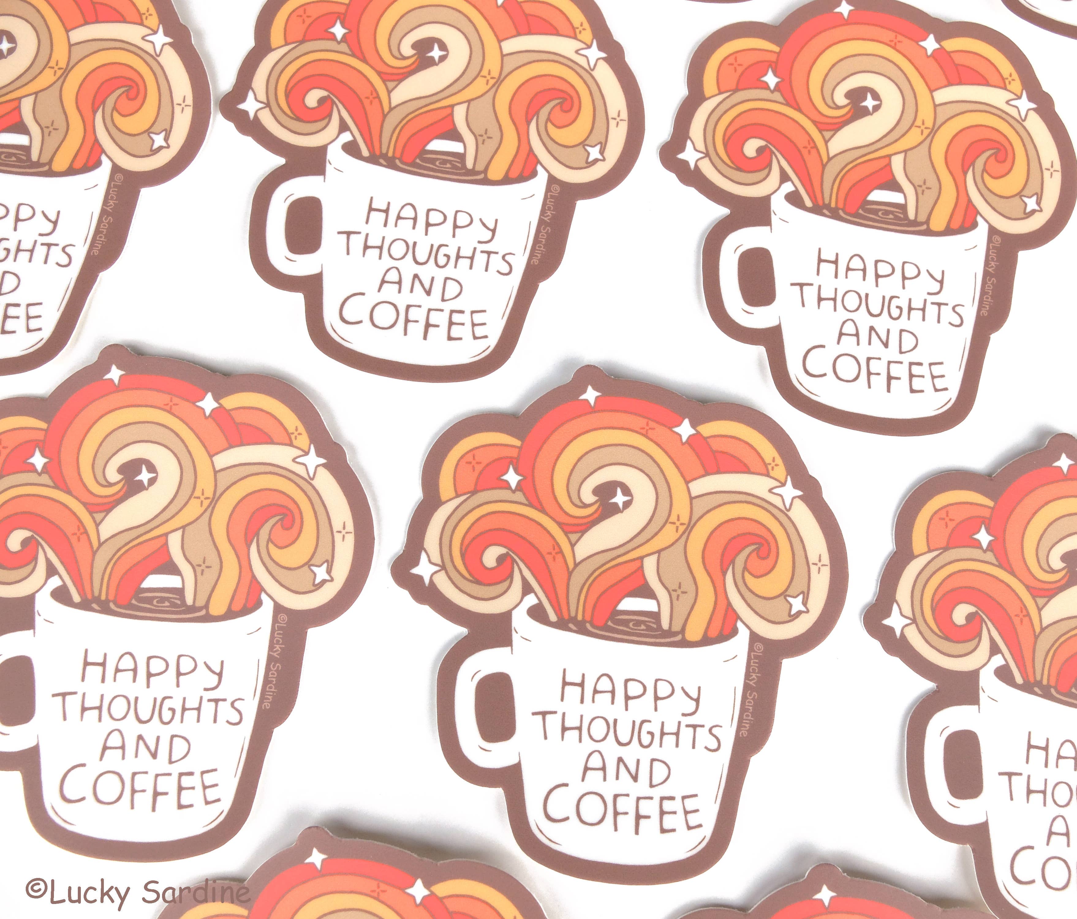 Happy Thoughts & Coffee, Retro Rainbow Vinyl Sticker