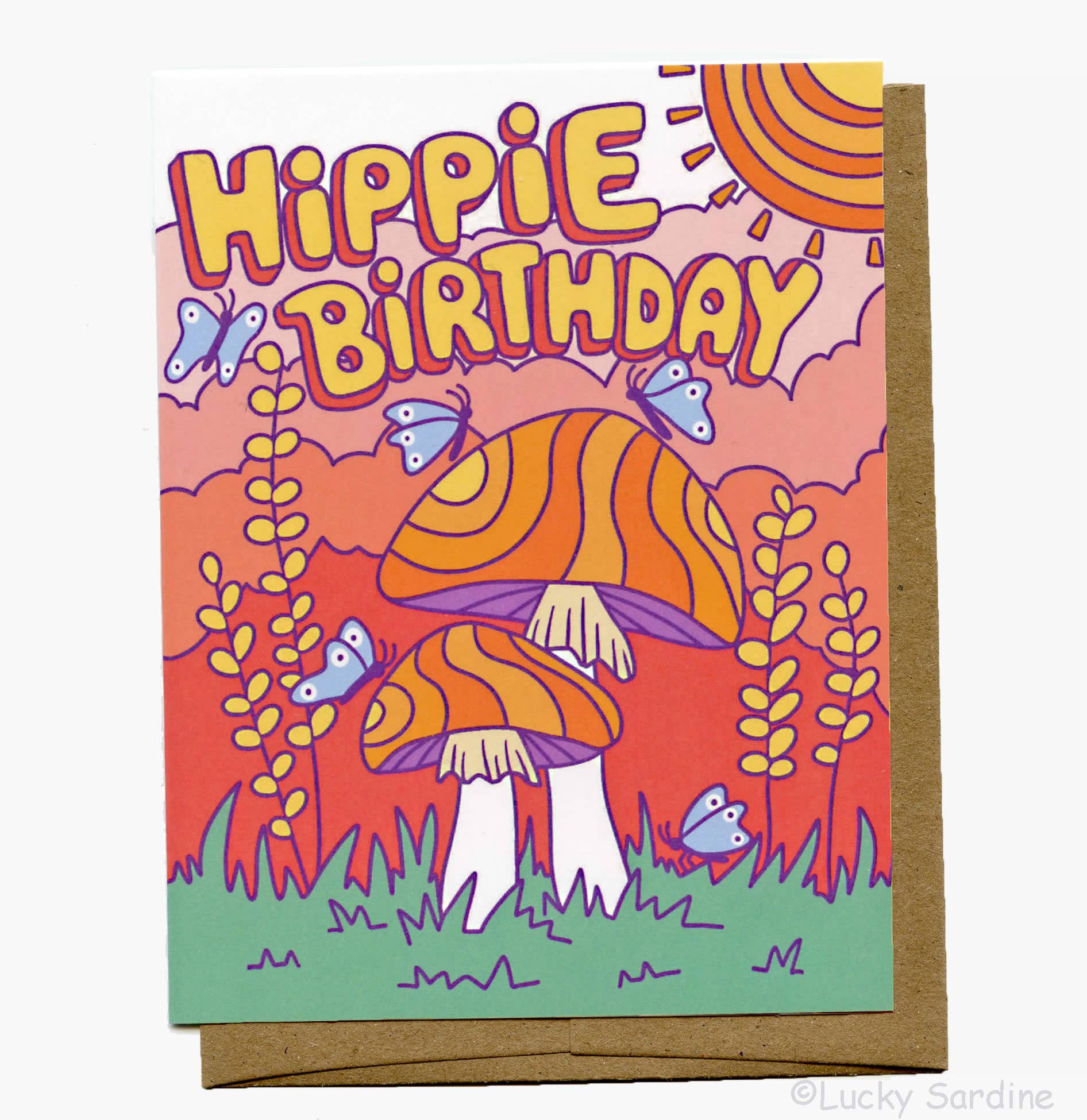 Hippie Birthday, Groovy Retro Butterfly & Mushroom Card
