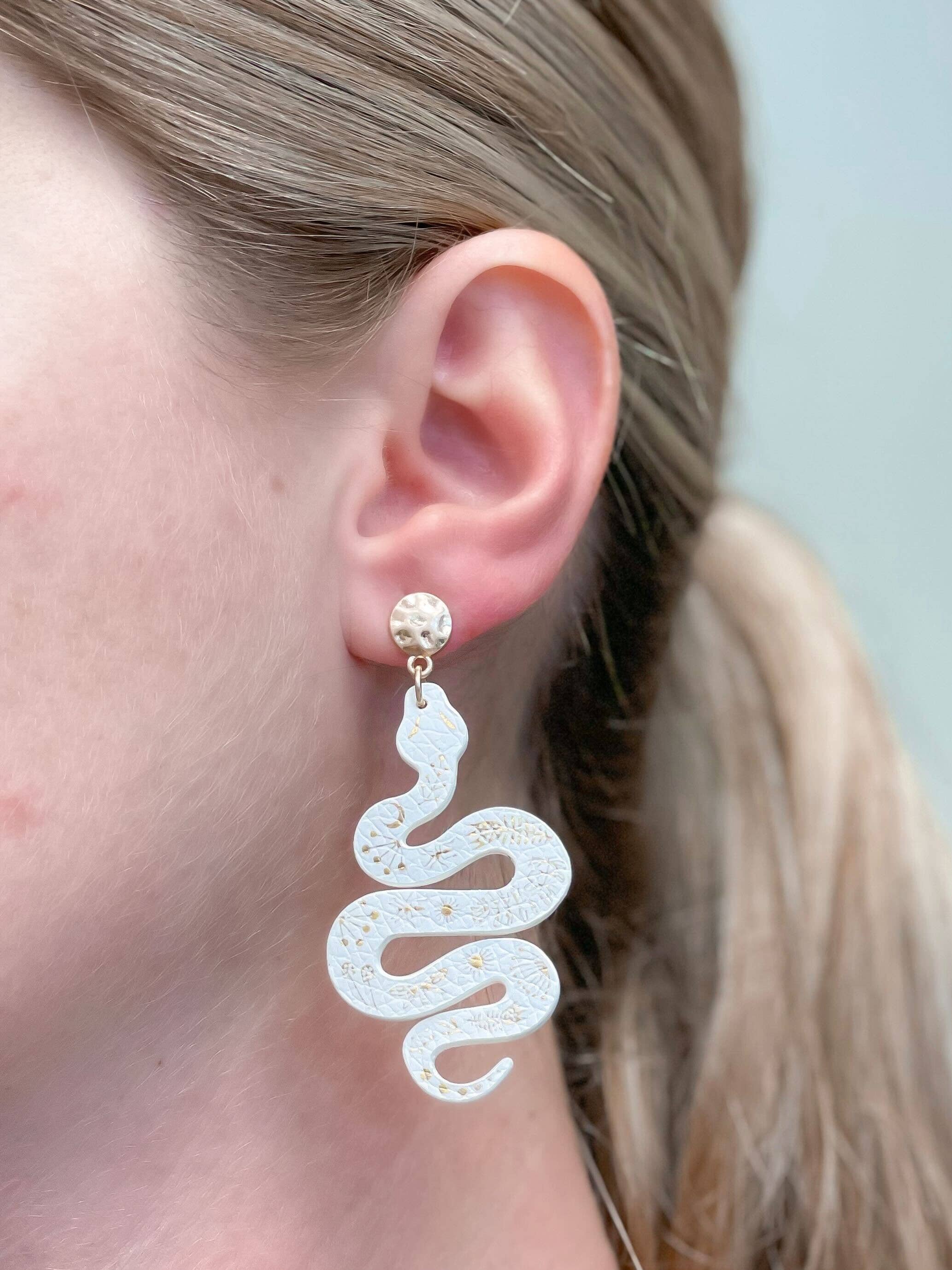 Gold & Leather Snake Drop Dangle Earrings