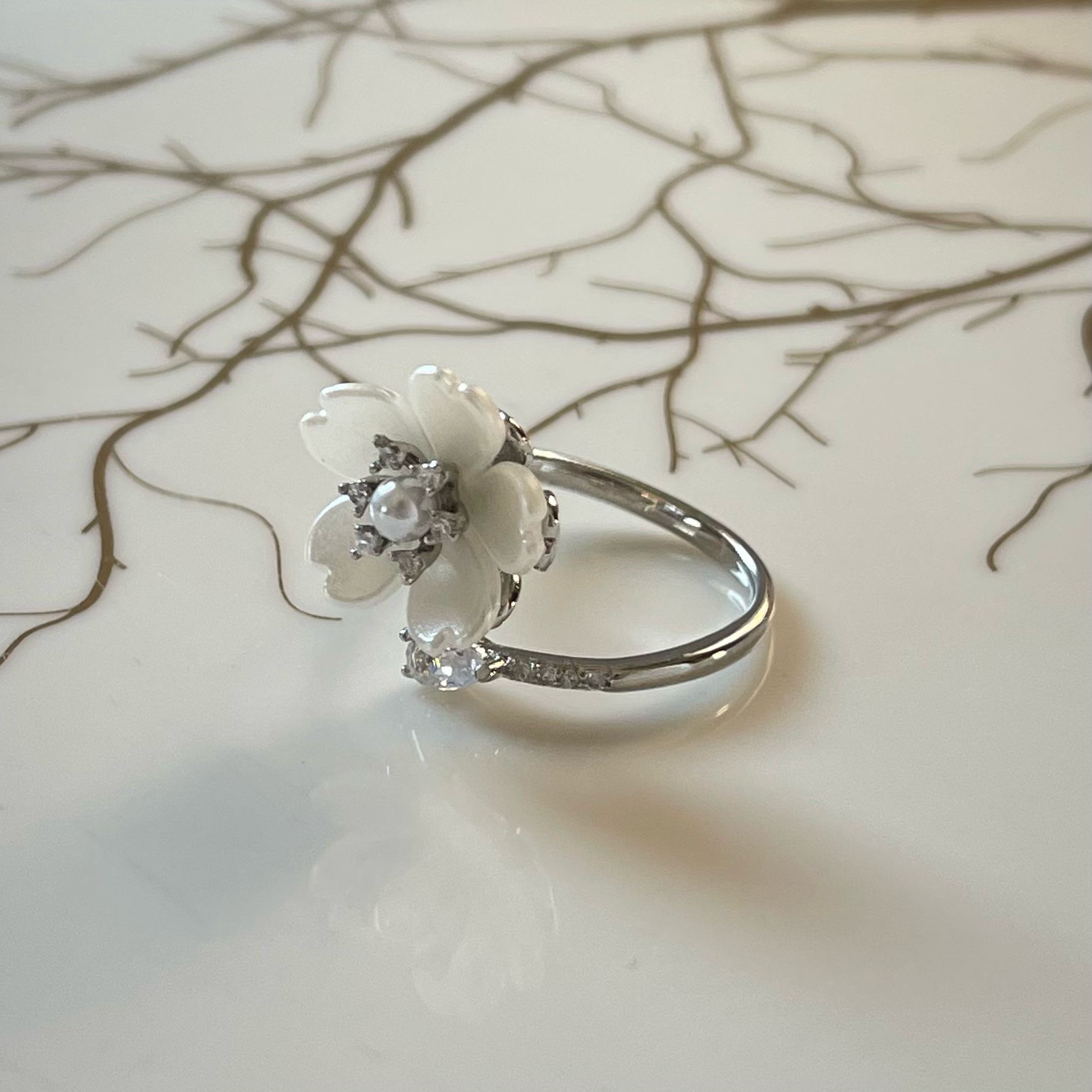 Elegant Flower Sparkling Gemstone Adjustable Ring, Charming