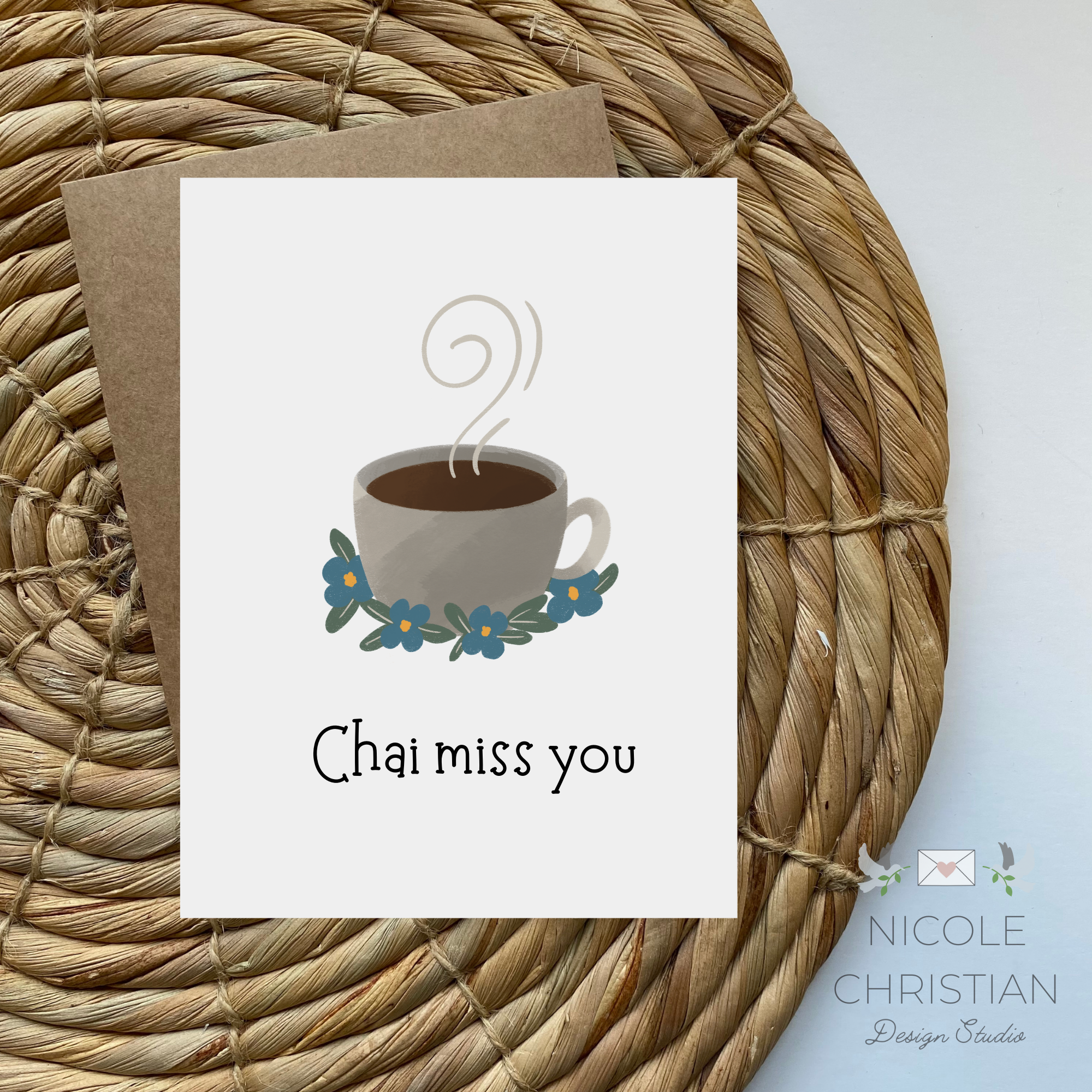 "Chai miss you" coffee cup with blue flowers greeting card image 0