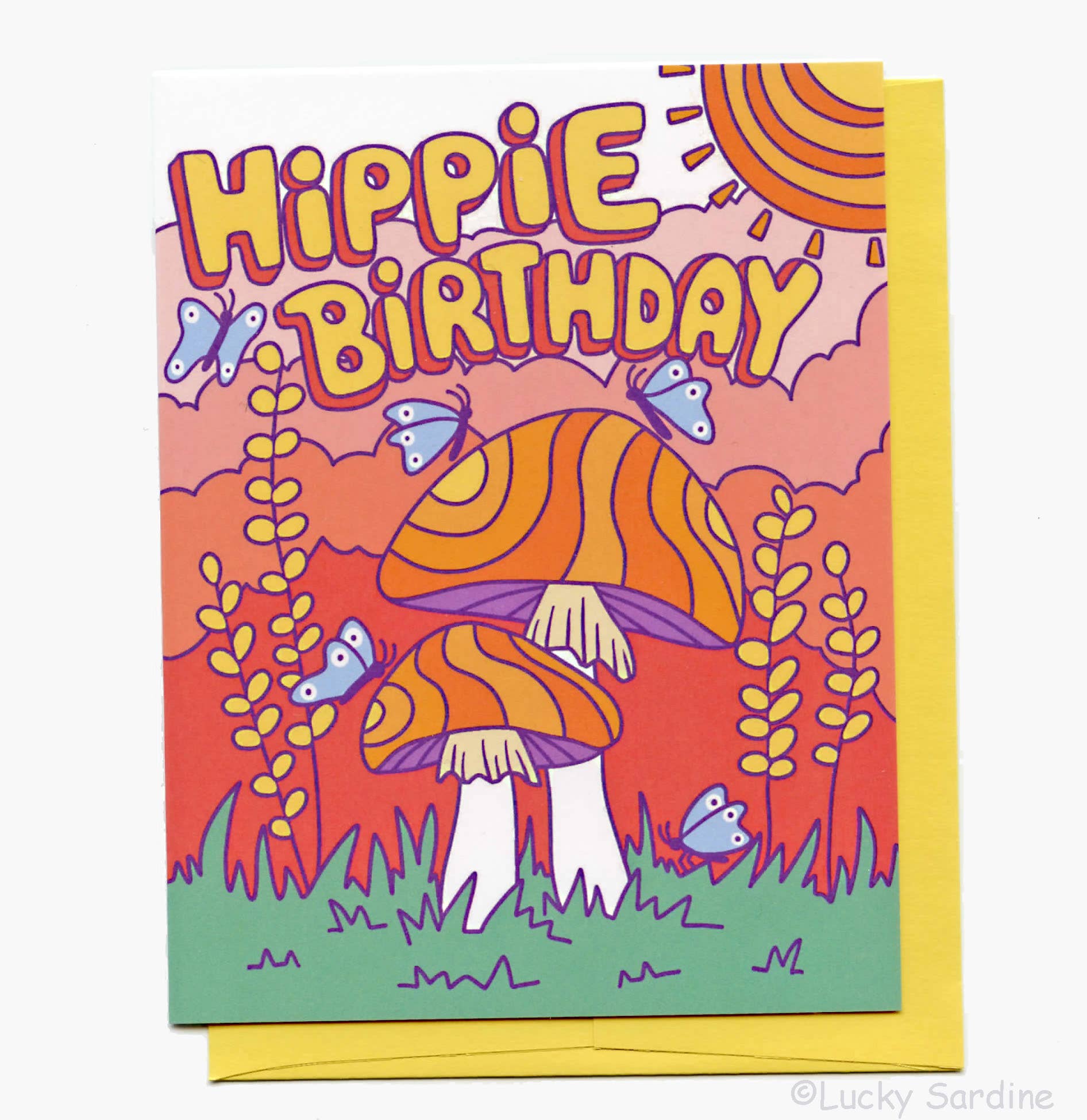 Hippie Birthday, Groovy Retro Butterfly & Mushroom Card