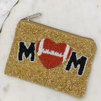 Football Heart 'Mom' Beaded Zip Pouch