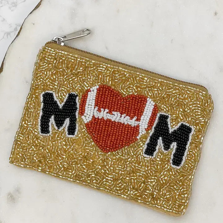 Football Heart 'Mom' Beaded Zip Pouch