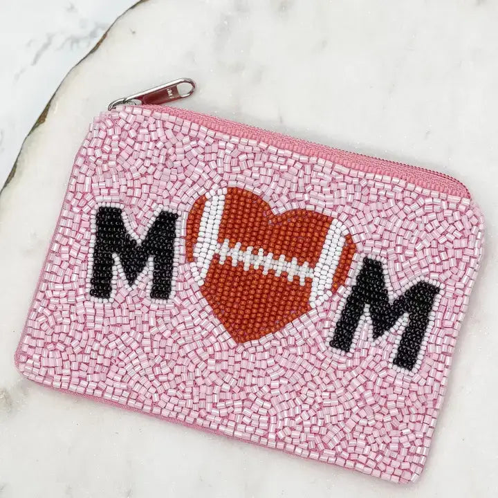 Football Heart 'Mom' Beaded Zip Pouch