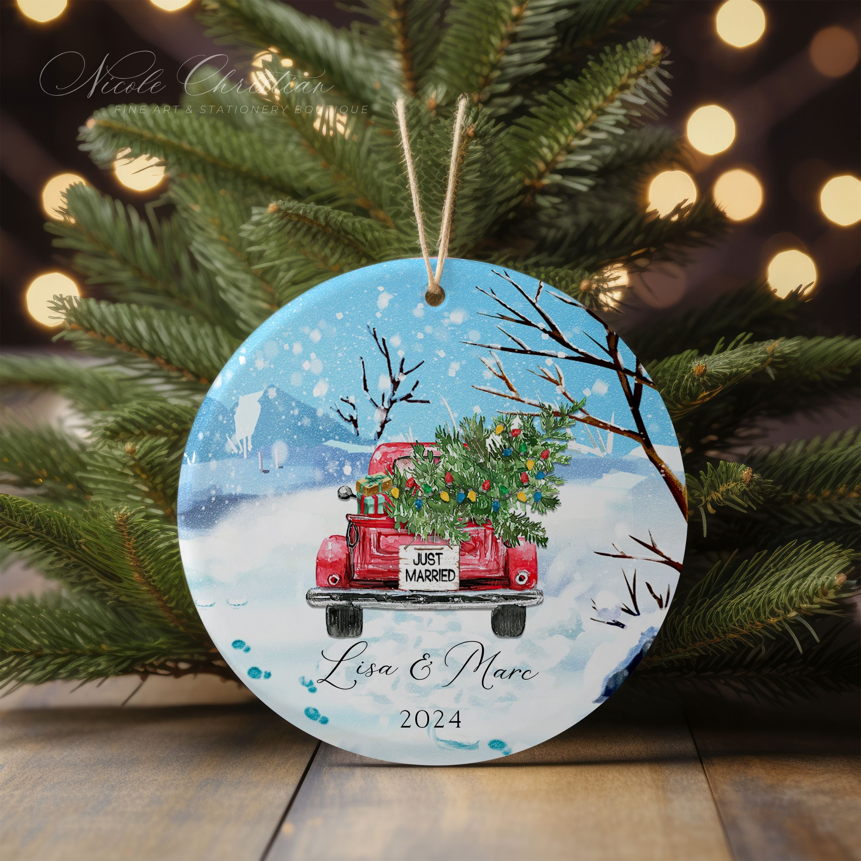 Personalized - Just Married Red Truck Ornament image 0