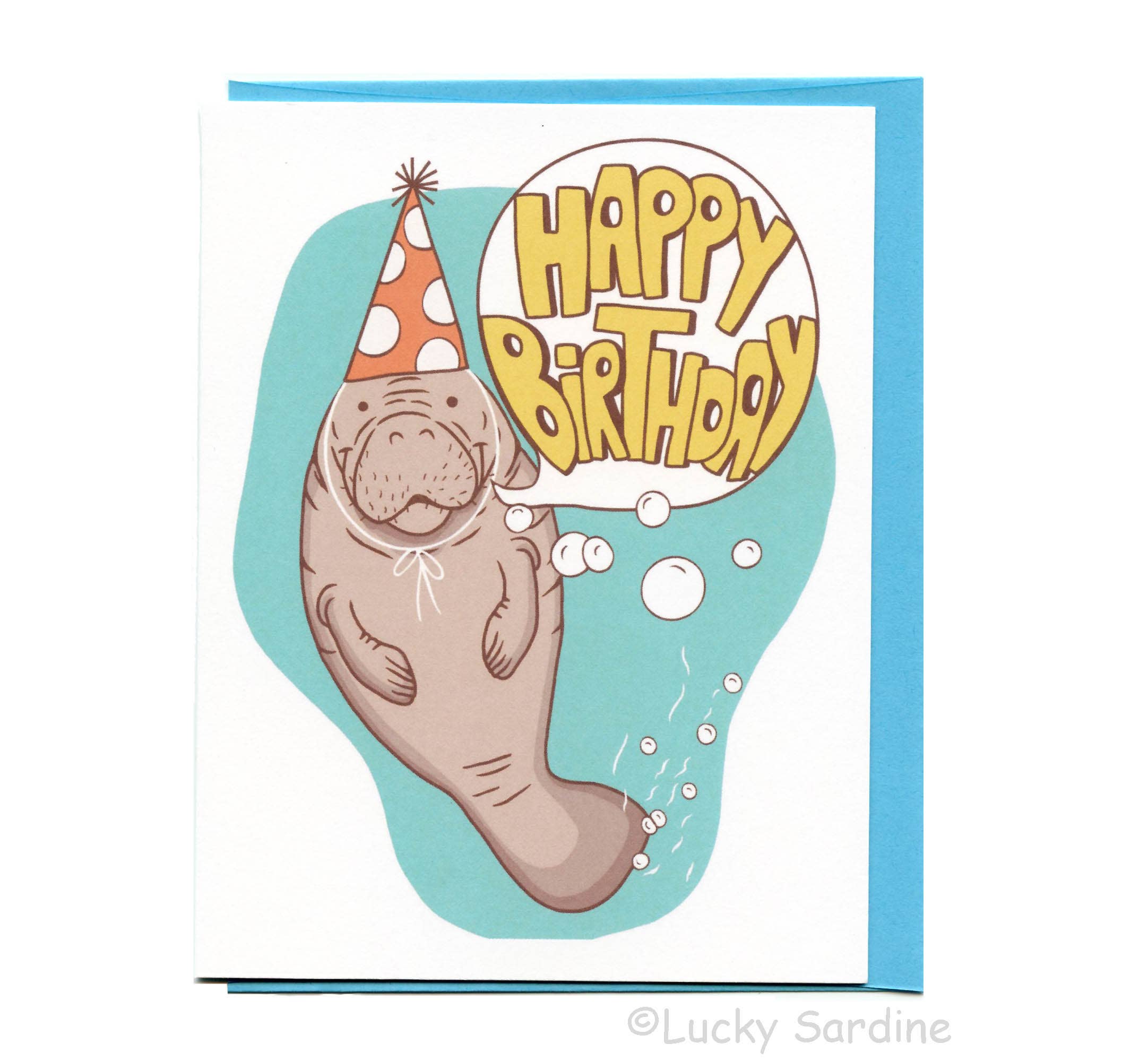 Manatee, Sea Potato, Retro Happy Birthday Card