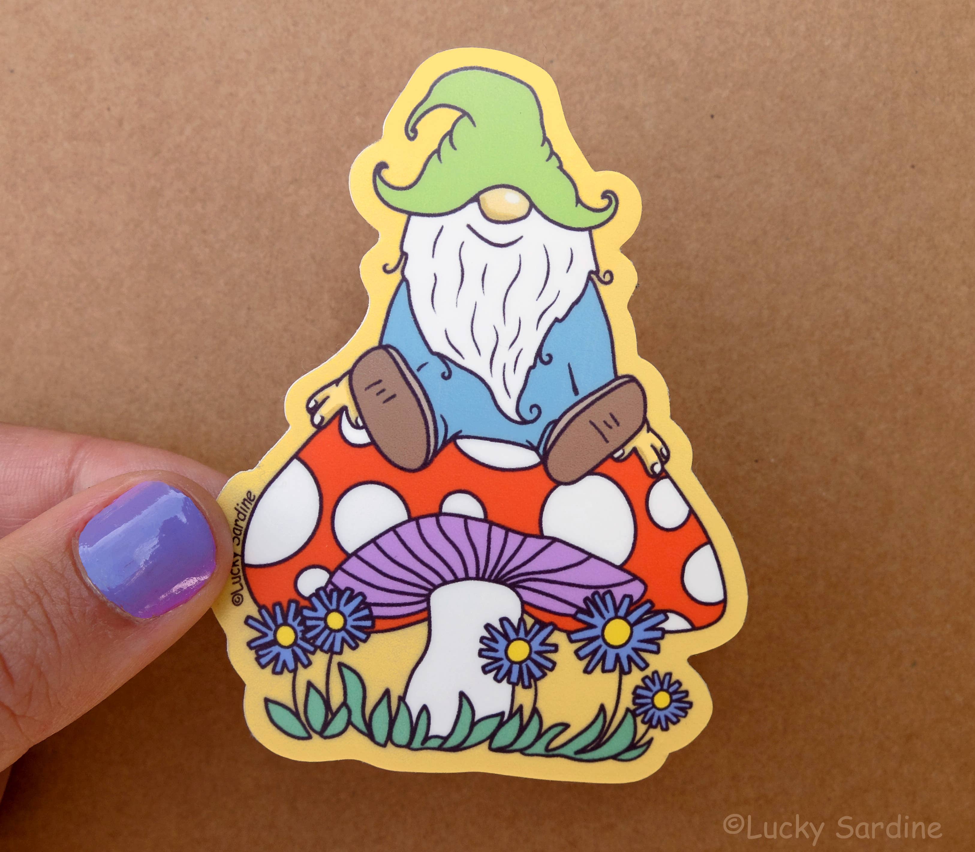 Gnome & Mushroom, Garden Toadstool & Flower Vinyl Sticker