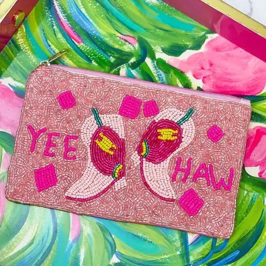 'Yeehaw' Pink Boots Beaded Zip Wristlet