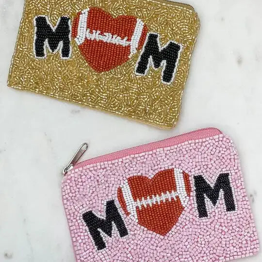 Football Heart 'Mom' Beaded Zip Pouch