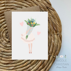 Lady in dress holding a bunch of flowers greeting card image 0