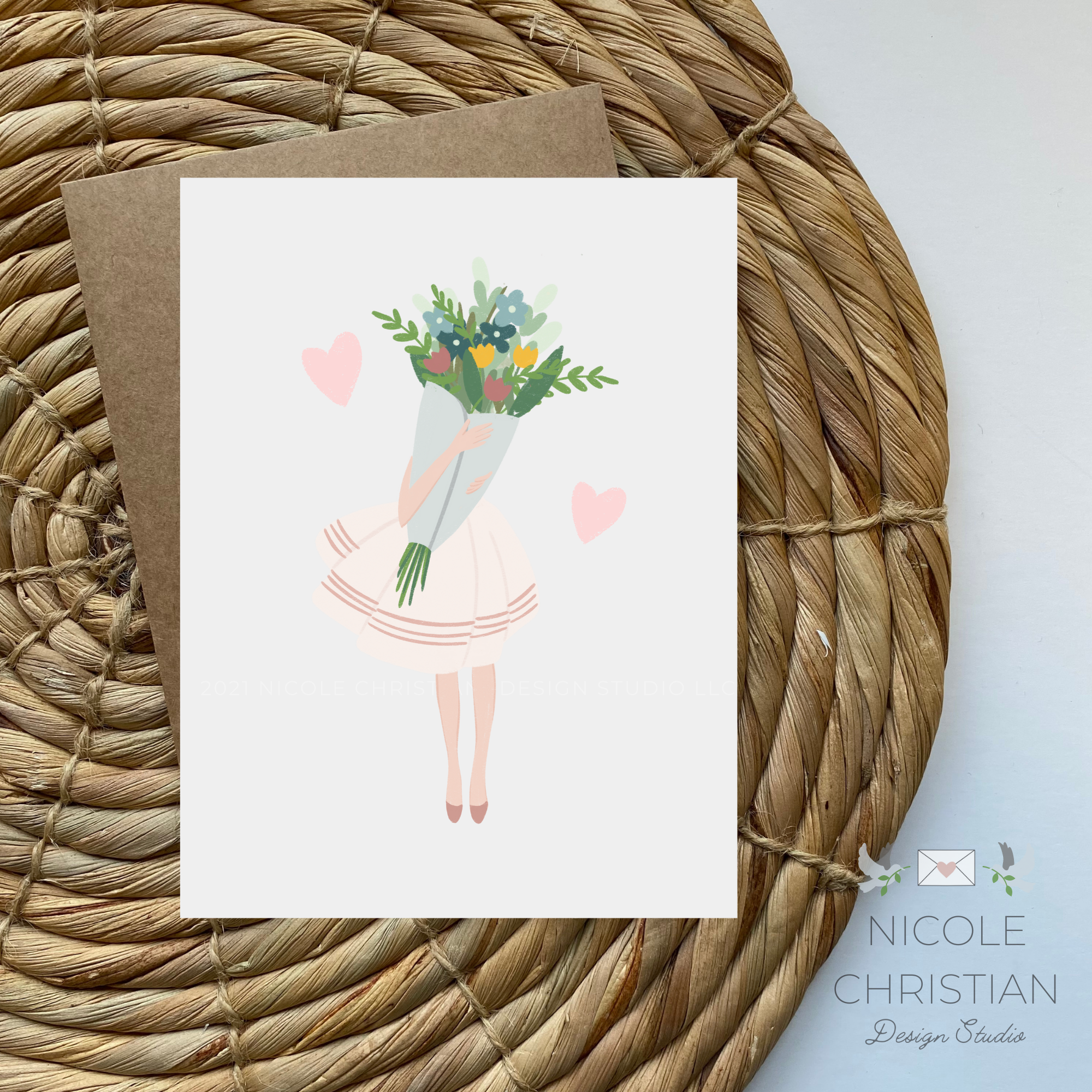 Lady in dress holding a bunch of flowers greeting card image 0