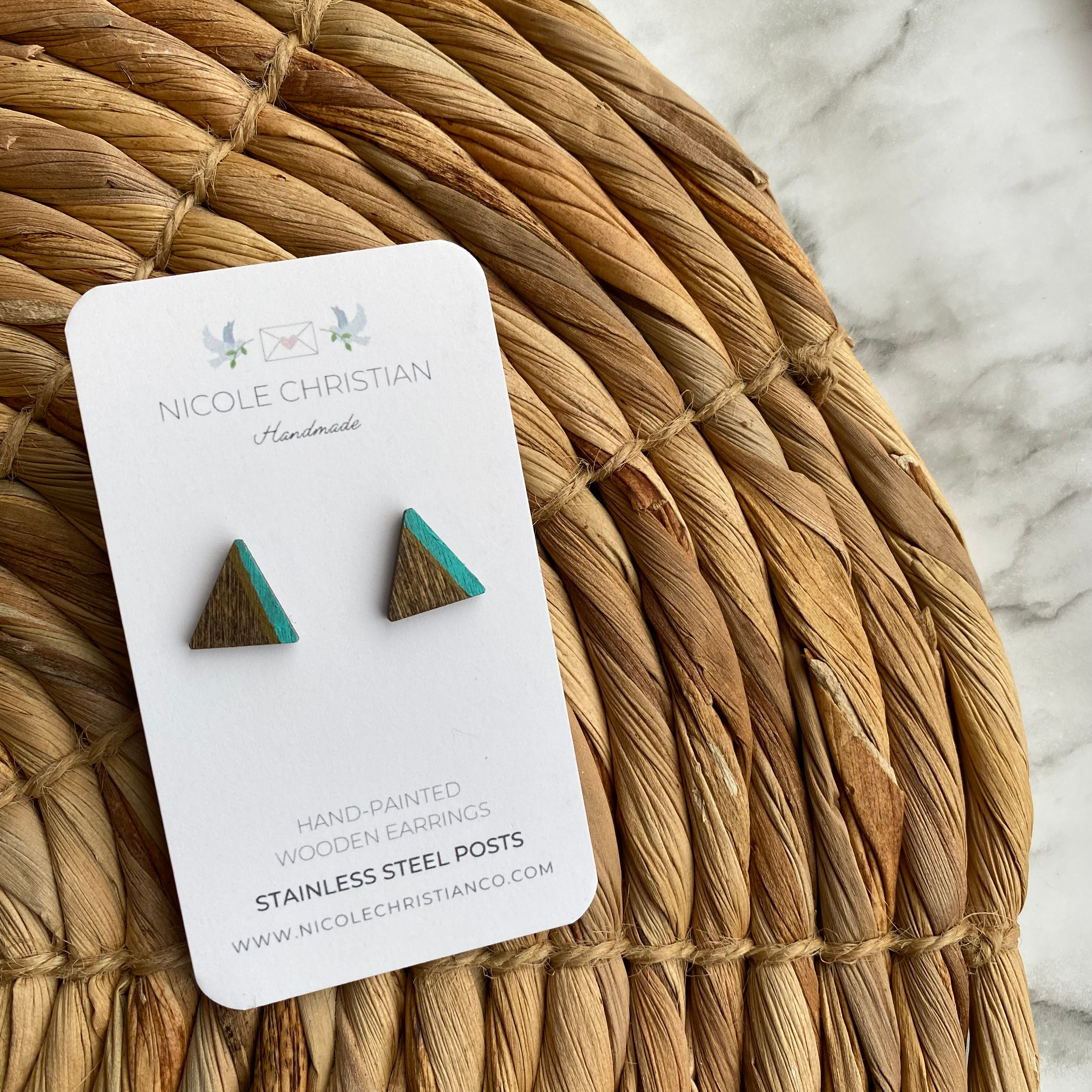 Handpainted (Teal) Wooden Modern Triangle Earring studs image 0