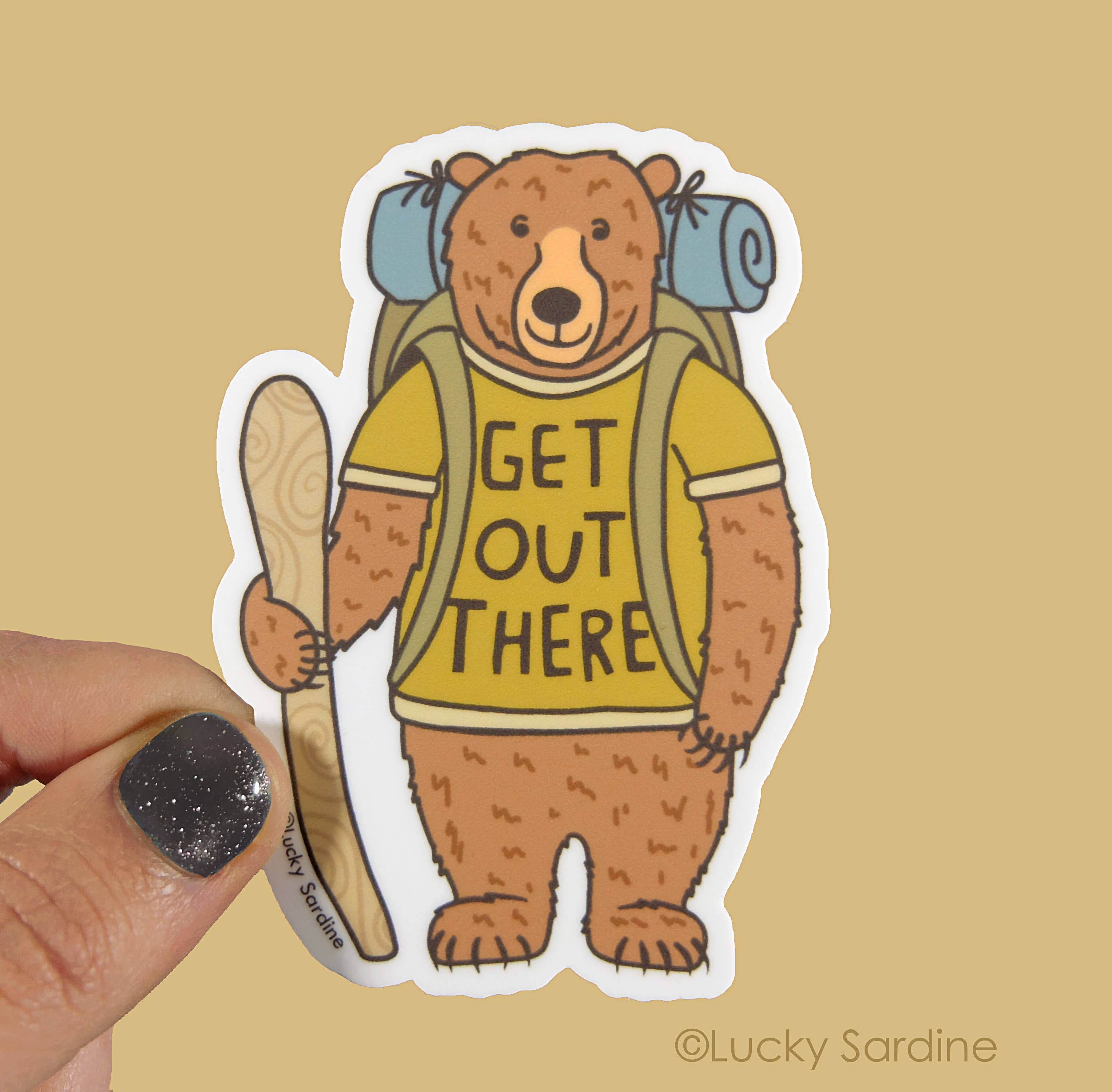 Hiking Bear, Get Out There, Grizzly Backpack Vinyl Sticker