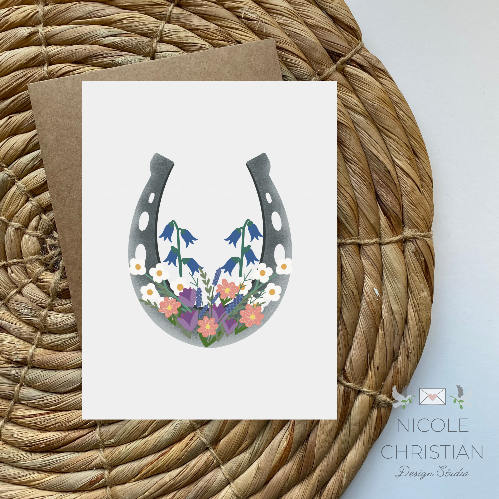 Horseshoe and Flowers Greeting Card image 0