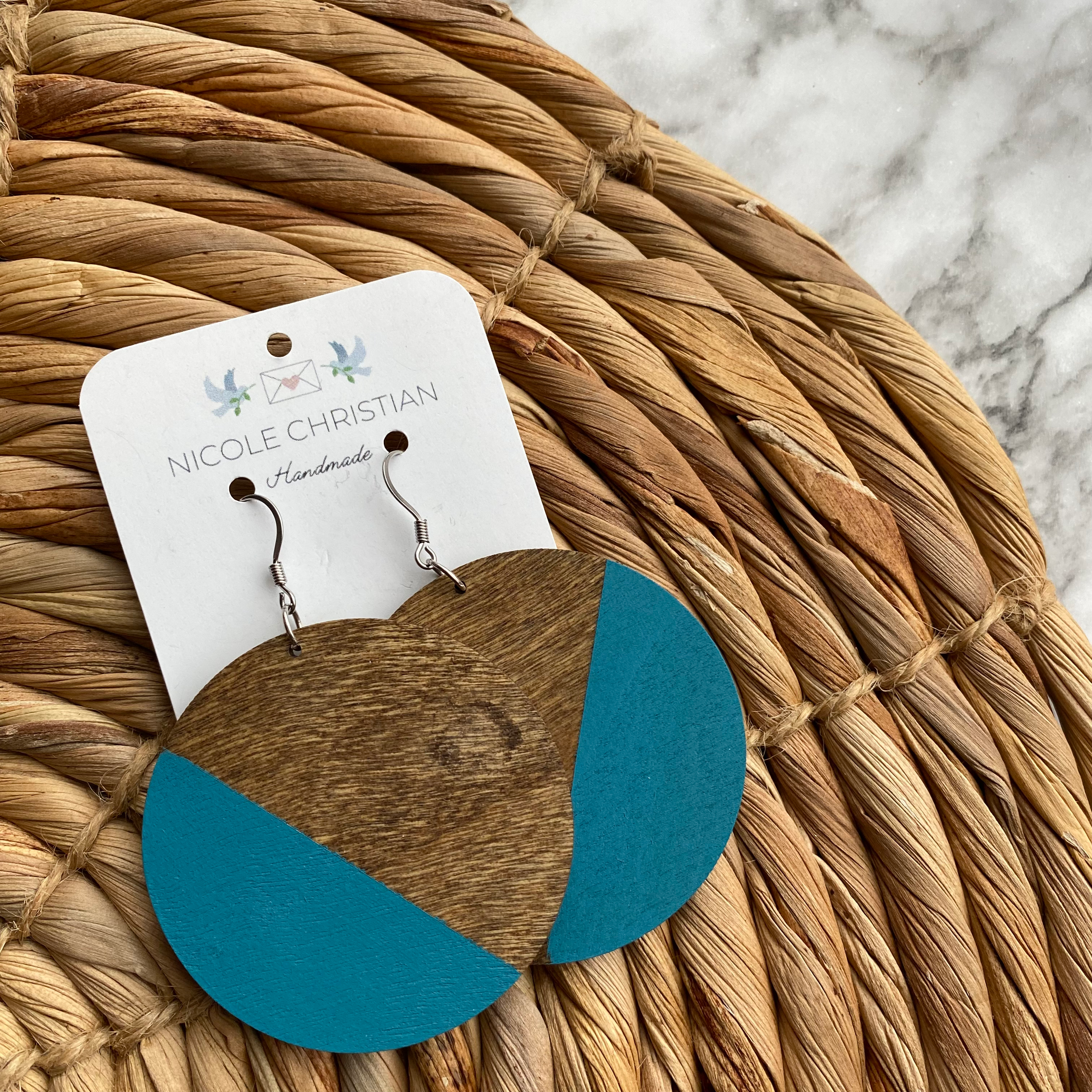 Handpainted wooden dangle earrings - blue modern image 0
