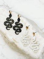 Gold & Leather Snake Drop Dangle Earrings