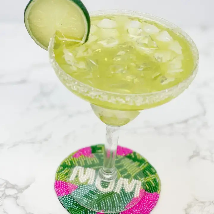 'Mom' Preppy Palm Seed Bead Coaster