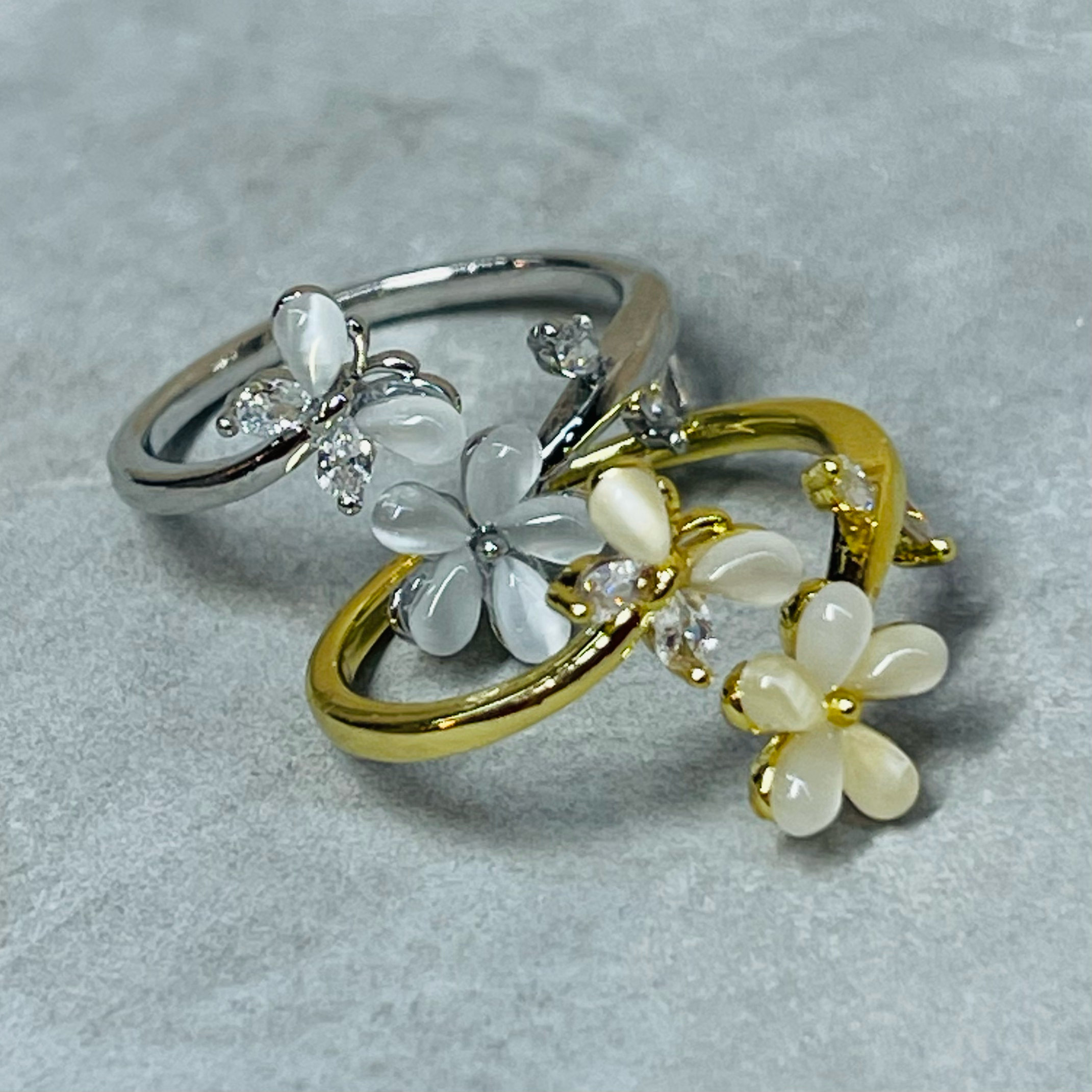 Flower and Butterfly Sparkling Gemstone Adjustable Ring Gift